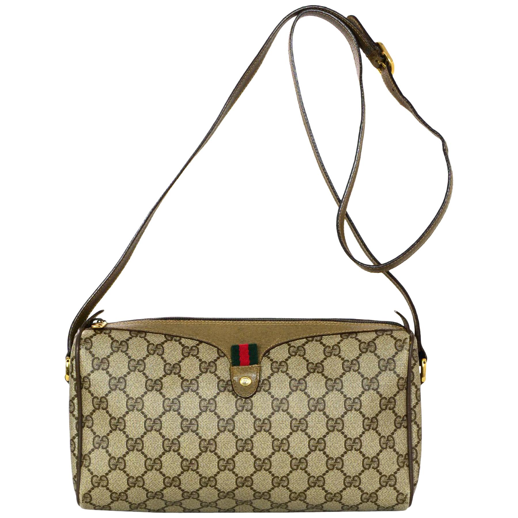 Gucci Vintage GG Monogram Supreme Zip Top Crossbody Bag W/ Web Detail 