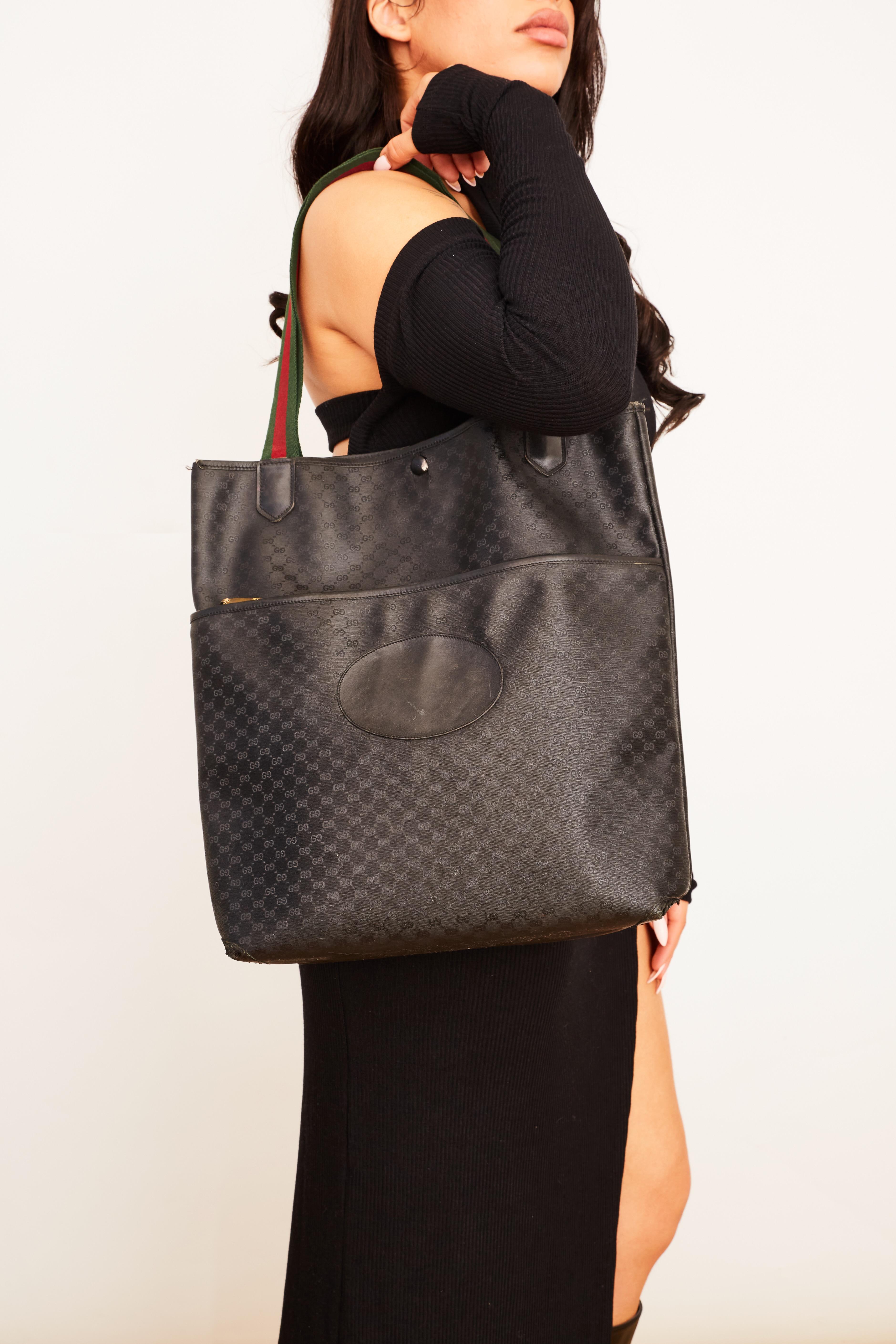 Gucci Vintage GG Supreme Black Web Straps Tote Bag For Sale 5