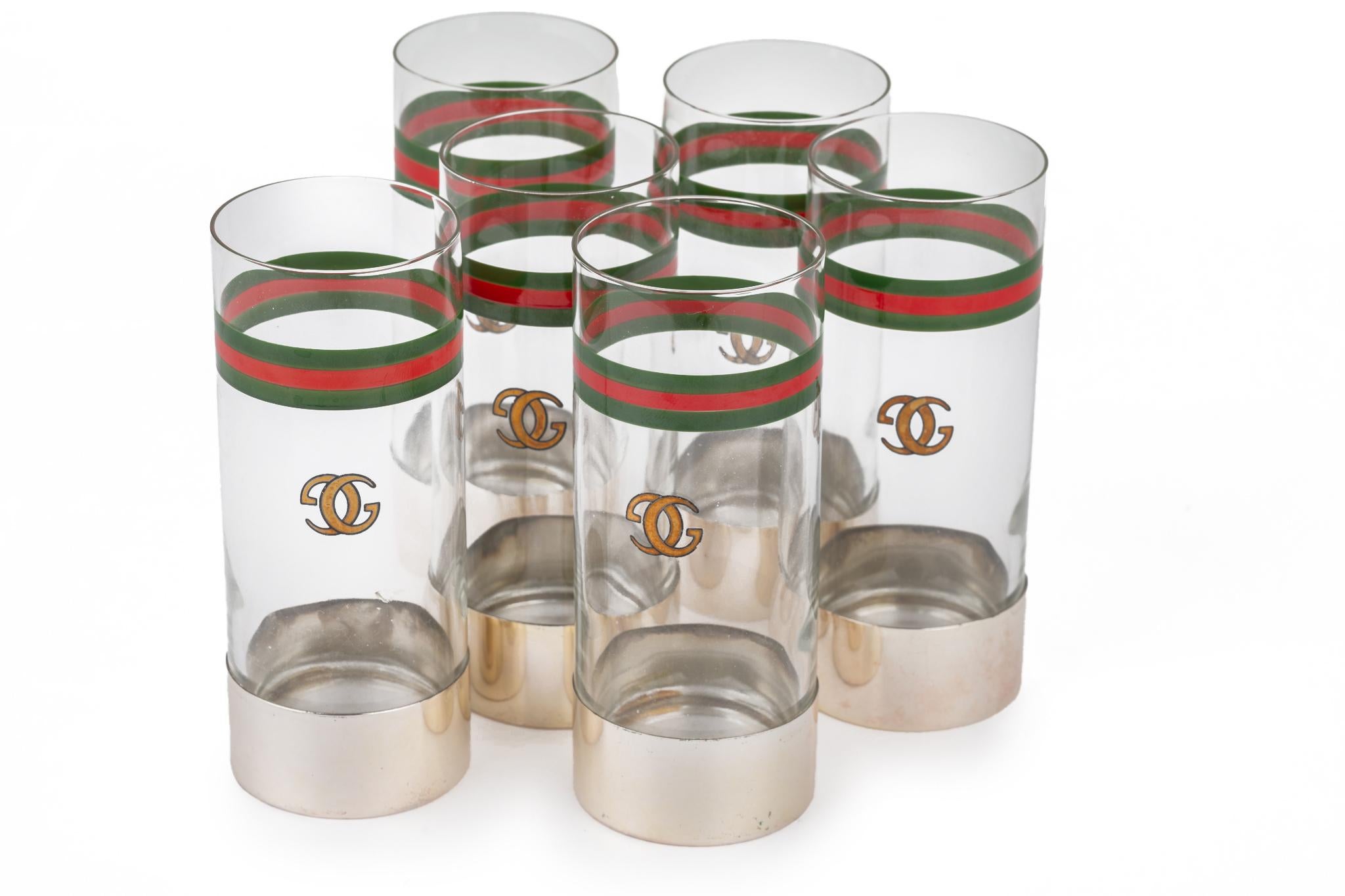 Gucci Vintage Set of six glasses with the Gucci Logo and iconic Gucci stripe. Minor patina on metal, please refer to photos. Highly collectible. Let s bring back cocktail hour!!!