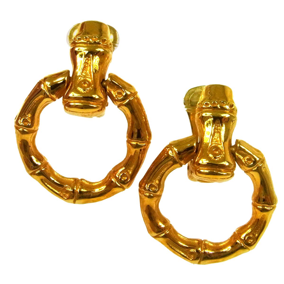 Gucci Vintage Gold Bamboo Doorknocker Round Hoop Dangle Drop Evening Earrings 