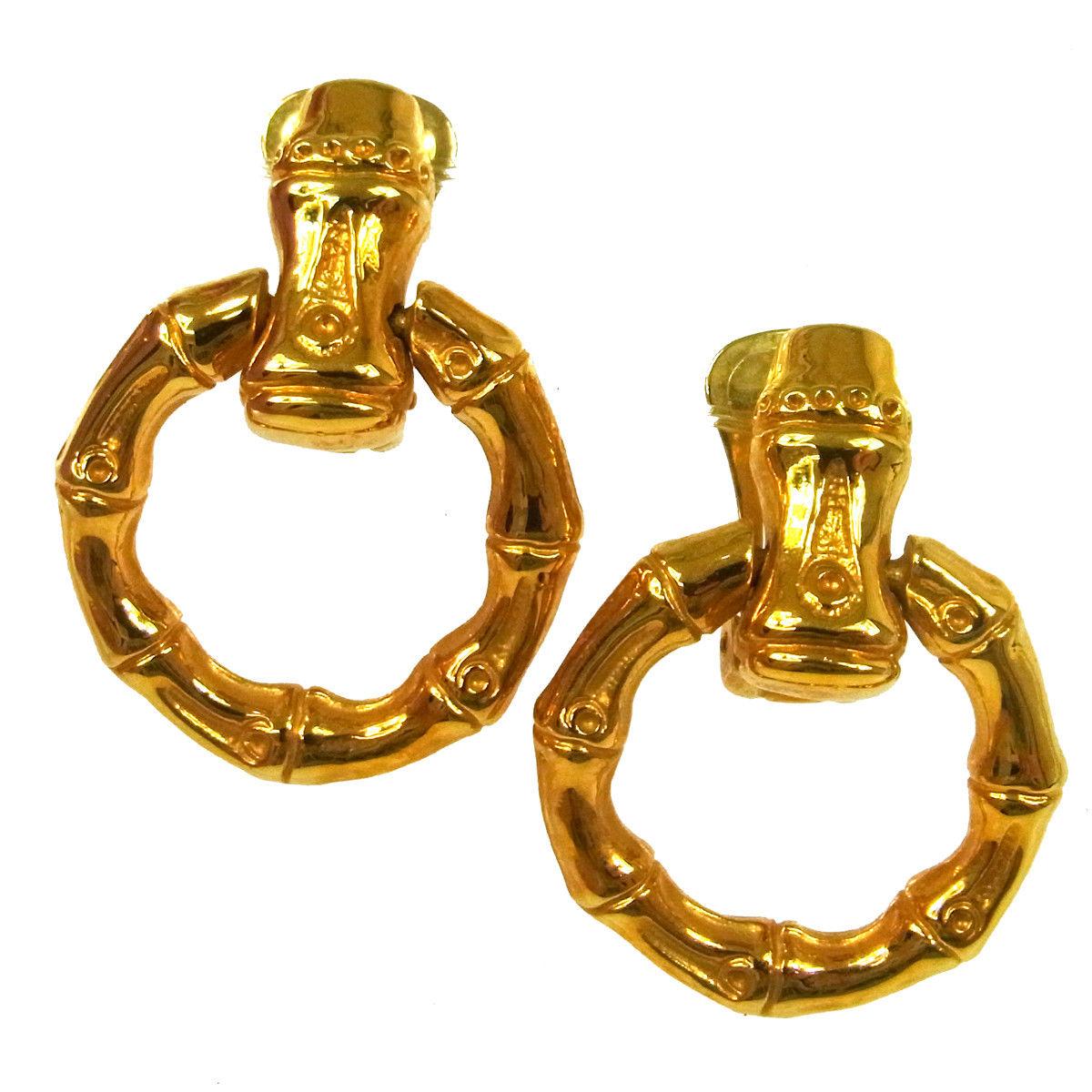 Gucci Vintage Gold Bamboo Doorknocker Round Hoop Dangle Drop Evening Earrings 