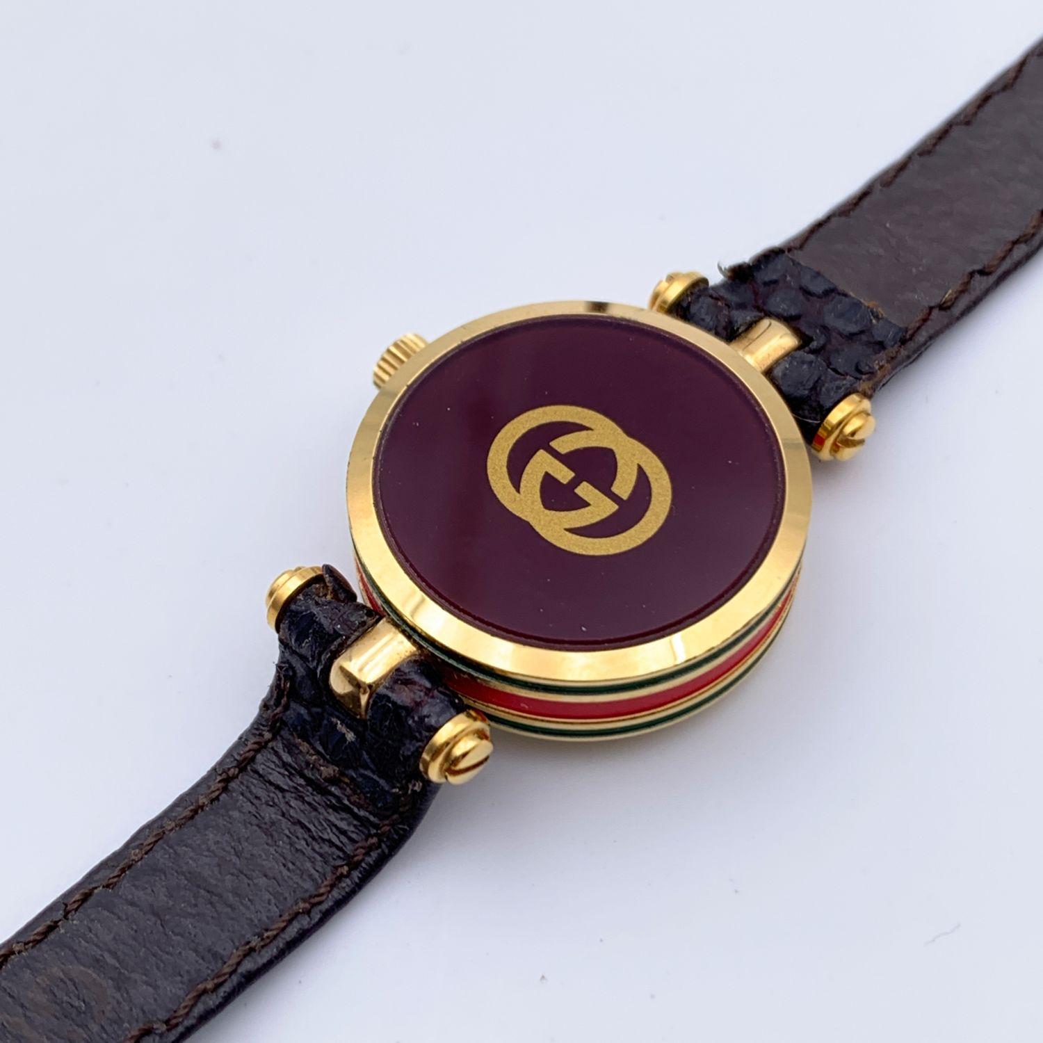 Women's Gucci Vintage Gold Enamel Stainless Steel GG Logo Watch Leather Strap