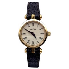 Gucci Vintage Gold Enamel Stainless Steel GG Logo Watch Leather Strap