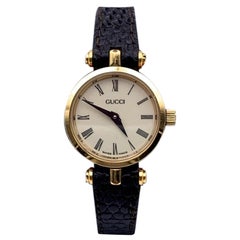 Gucci Vintage Gold Emaille Edelstahl GG Logo Uhrenarmband Lederriemen