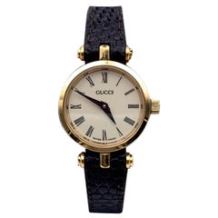 Gucci Used Gold Enamel Stainless Steel GG Logo Watch Leather Strap