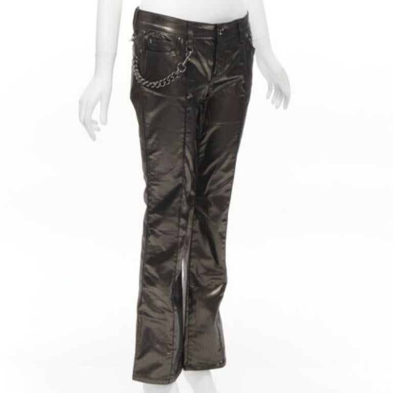 Black GUCCI Vintage gold gunmetal sheen hip chain flare leg pants IT42 M For Sale