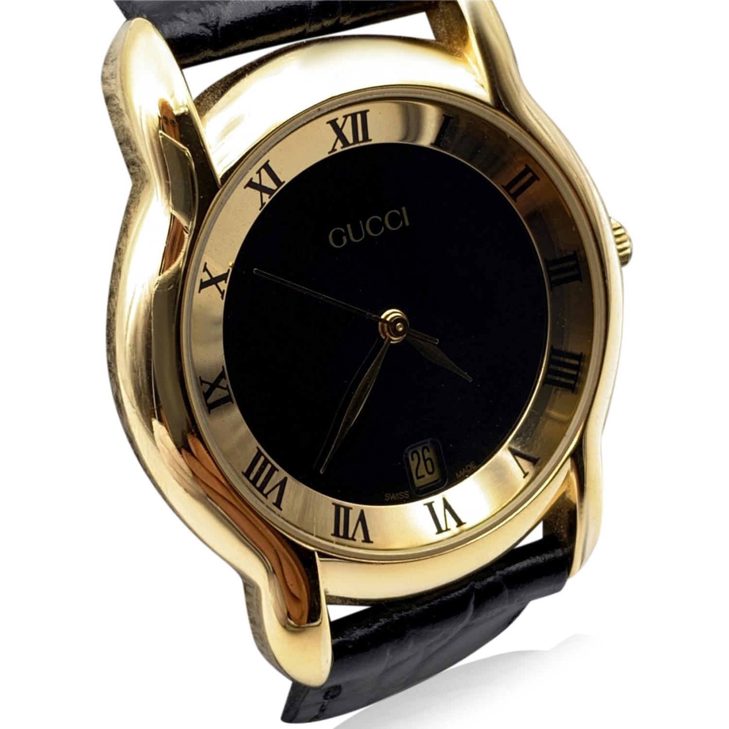 Gucci Vintage Gold Stainless Steel 5100 M Wrist Watch Leather Strap In Excellent Condition In Rome, Rome