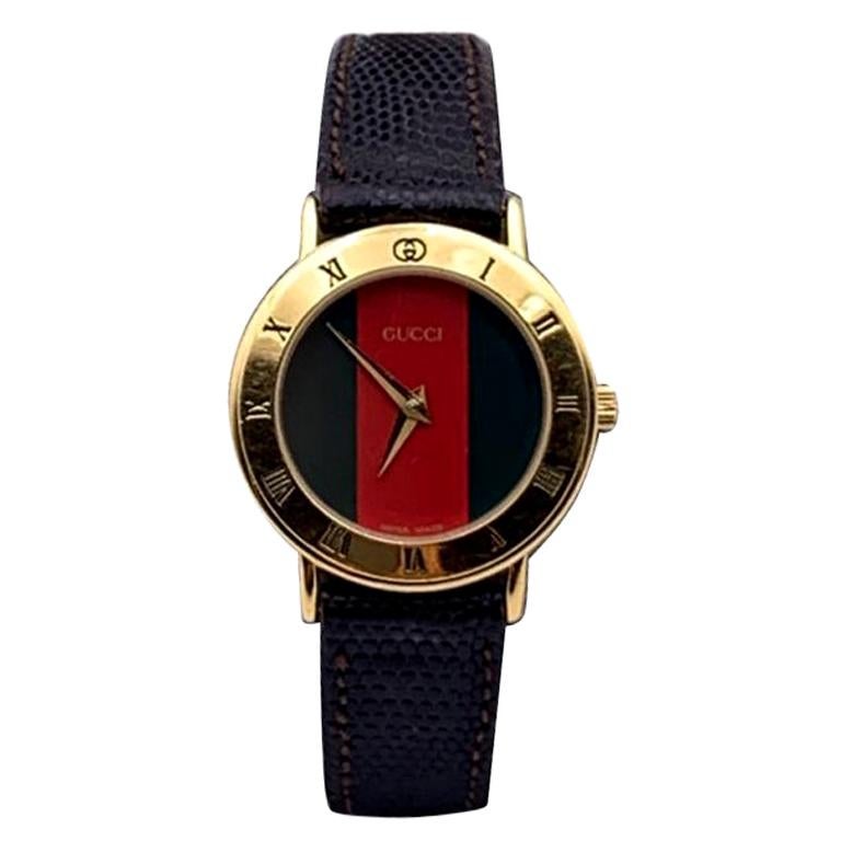 Gucci Vintage Gold Stainless Steel Web 3000.2.L Watch Leather Strap