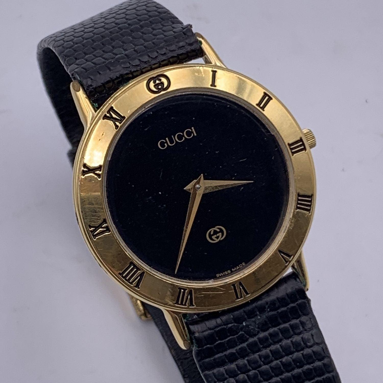 Women's or Men's Gucci Vintage Gold Tone Stainless Steel 3000 M Watch Leather Strap