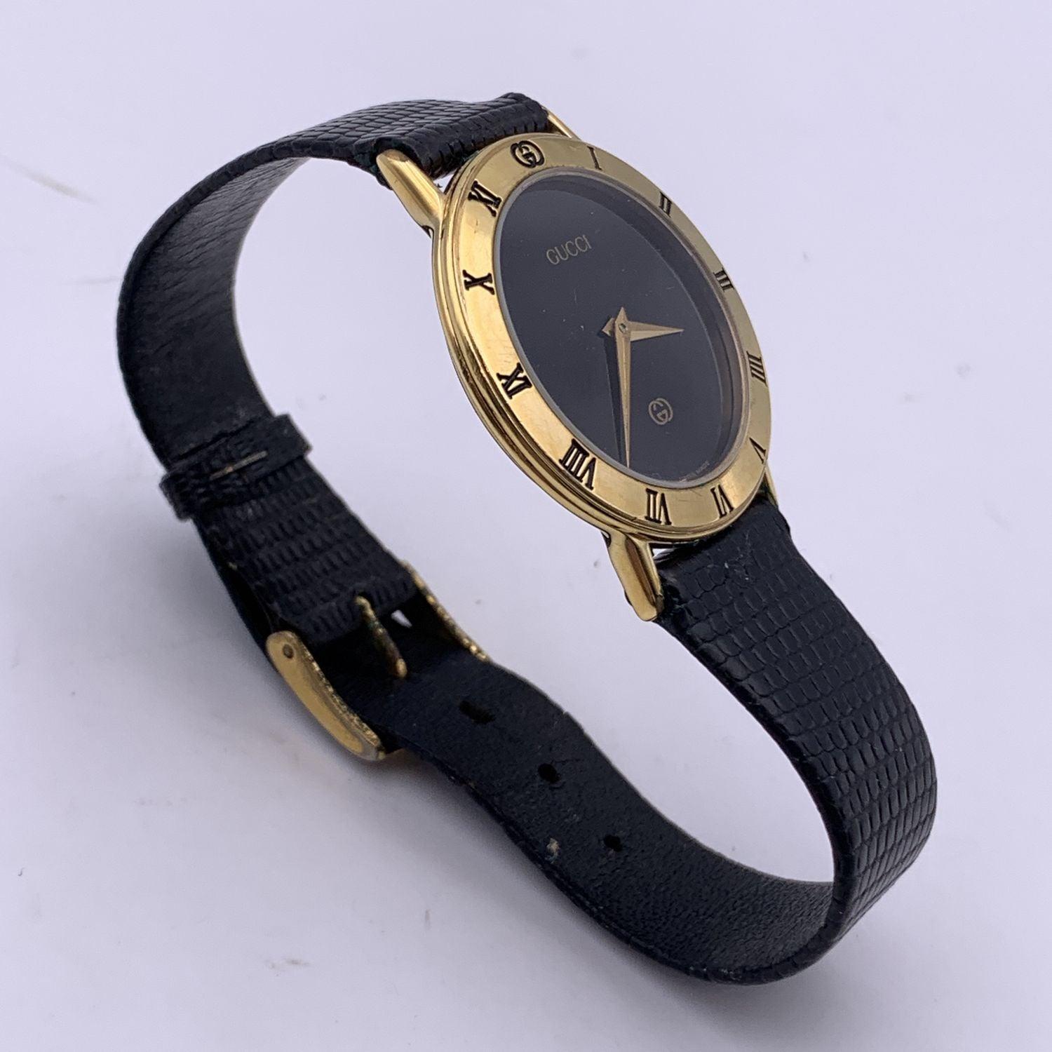 Gucci Vintage Gold Tone Stainless Steel 3000 M Watch Leather Strap 1