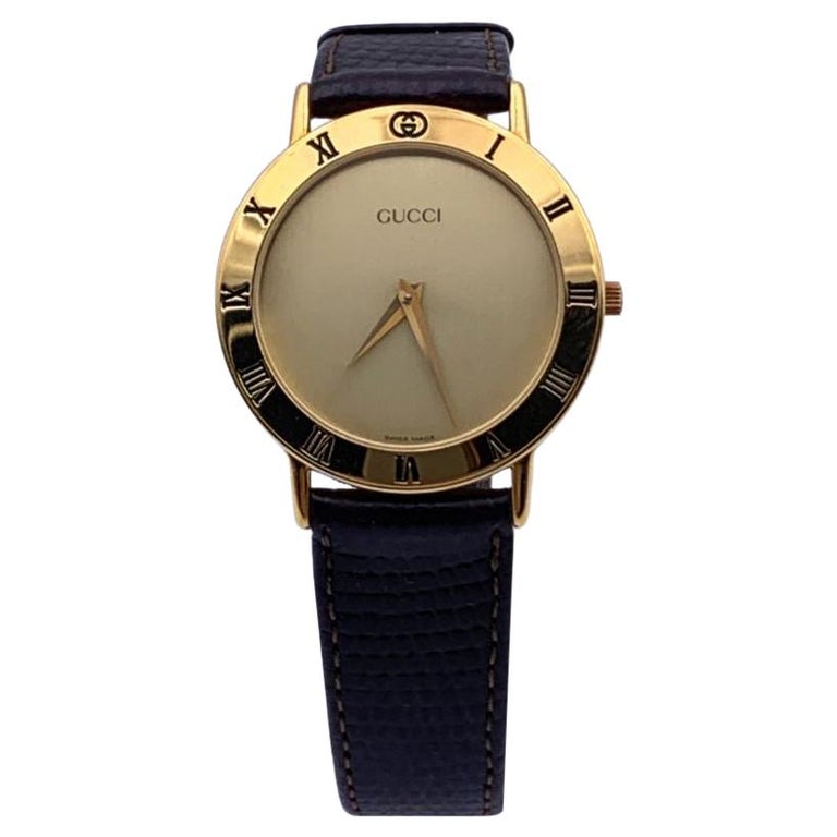 Gucci Gold Tone Steel 3000.2.M Watch Leather Strap 1stDibs