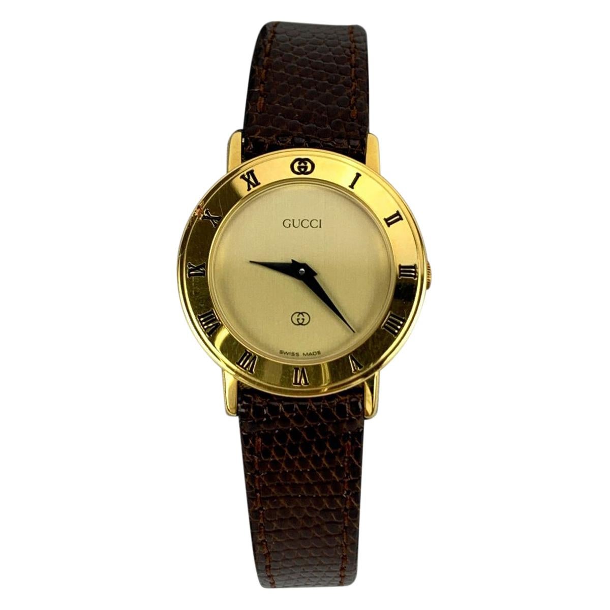 Gucci Vintage Gold Tone Stainless Steel 3001 L Watch Leather Strap
