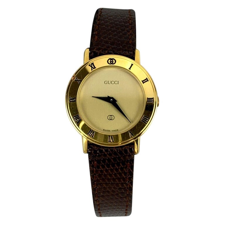Gucci Vintage Gold Tone Stainless Steel 3001 L Watch Leather Strap For Sale  at 1stDibs