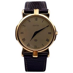 Gucci Vintage Gold Tone Stainless Steel 3500 M Watch Leather Strap