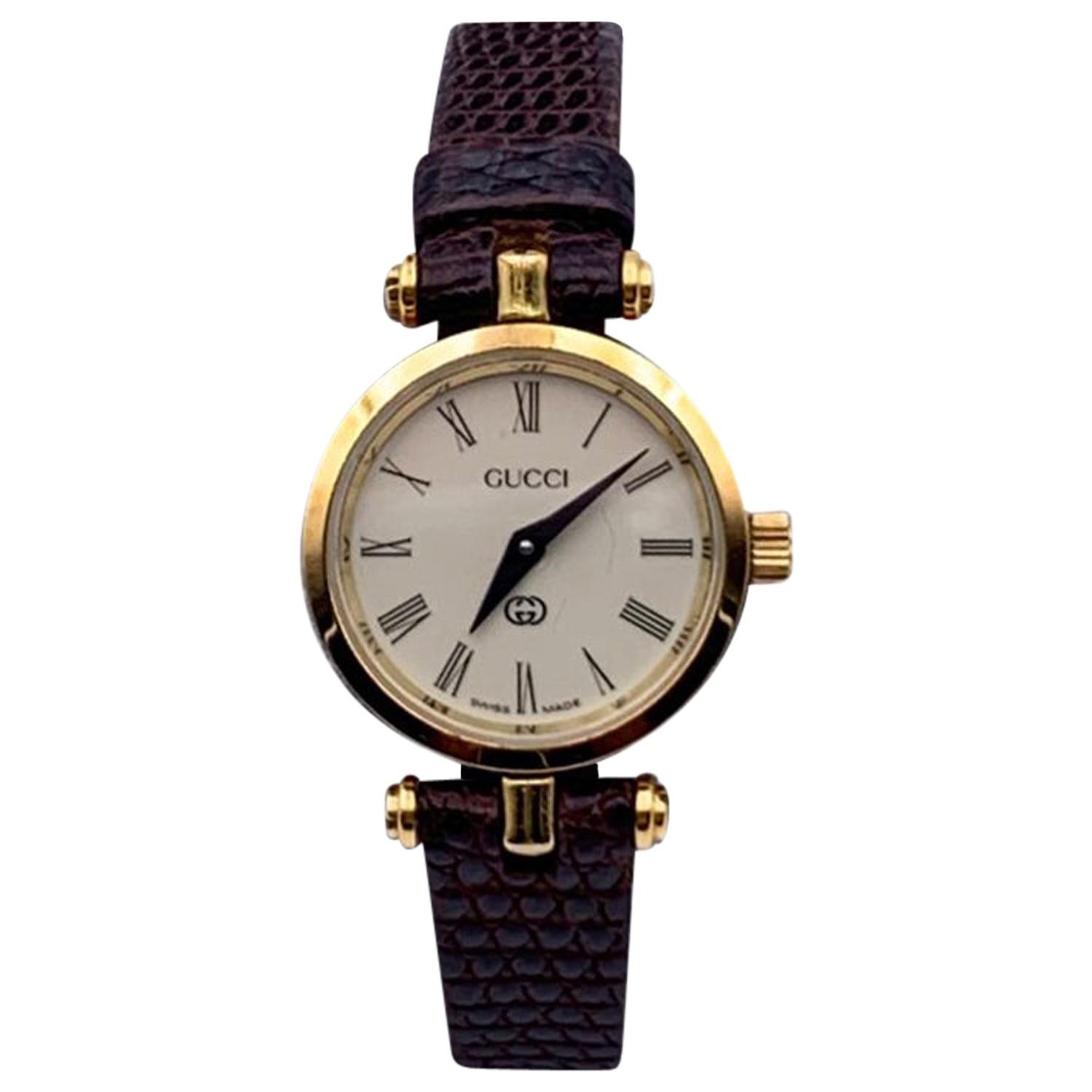 Gucci Vintage Gold Tone Stainless Steel Logo Watch Leather Strap