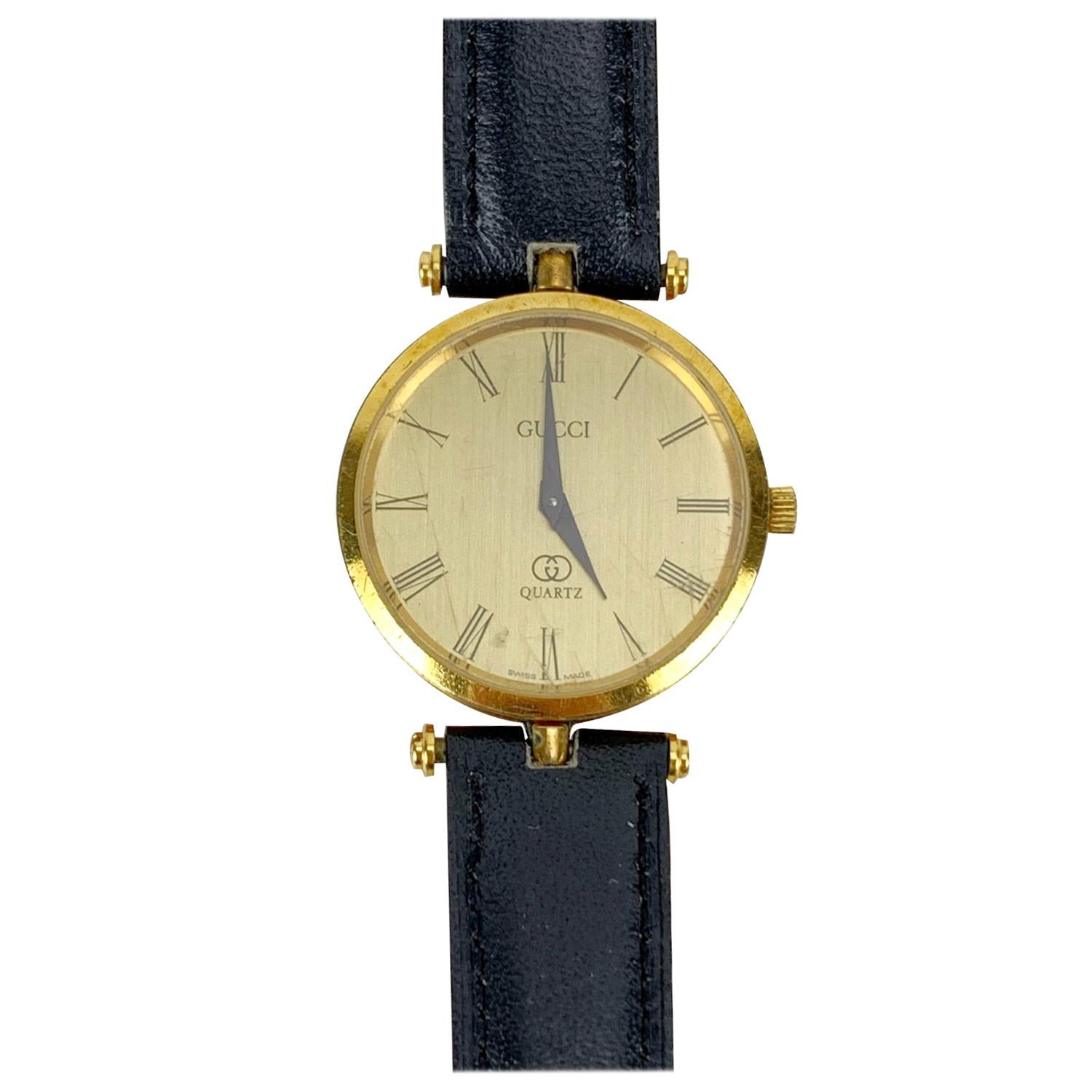 Gucci Vintage Gold Tone Stainless Steel Watch Leather Strap