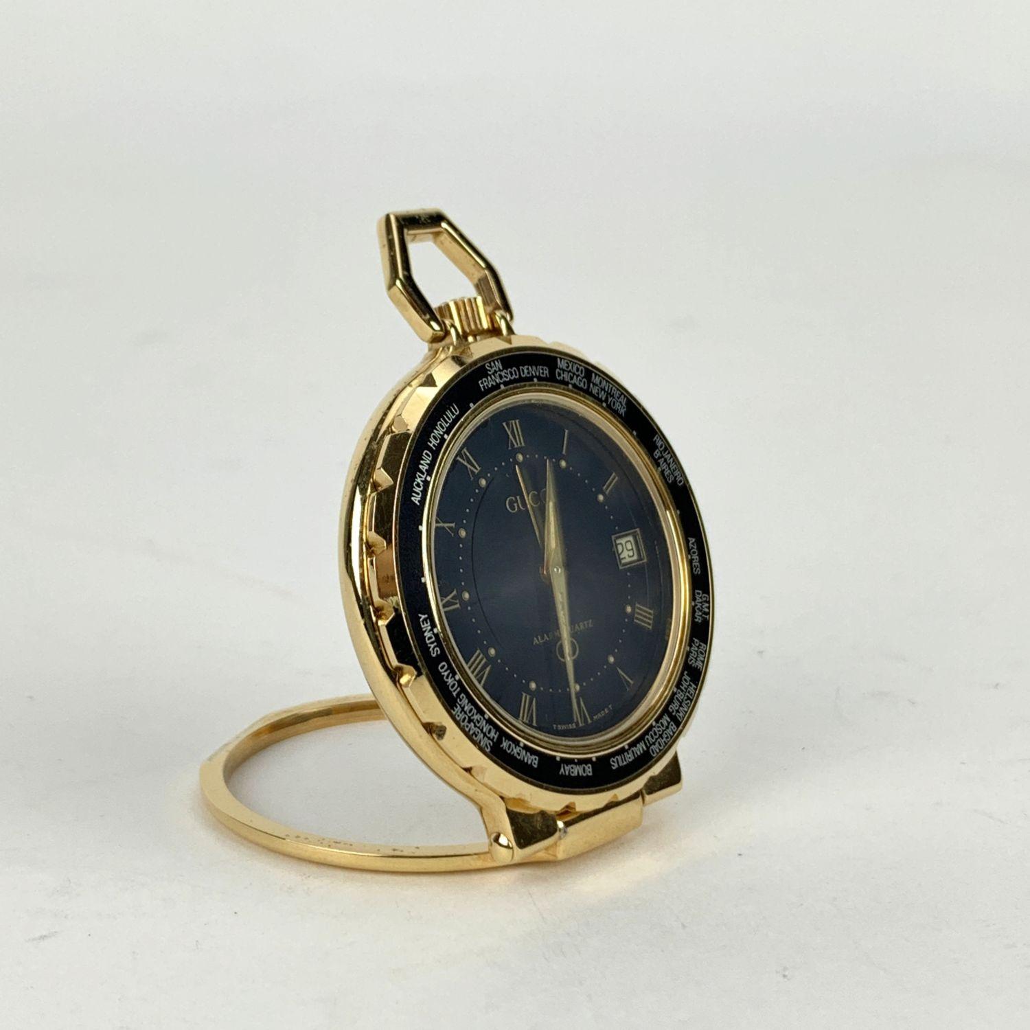 Black Gucci Vintage Gold Tone World Cities Travel Alarm Clock