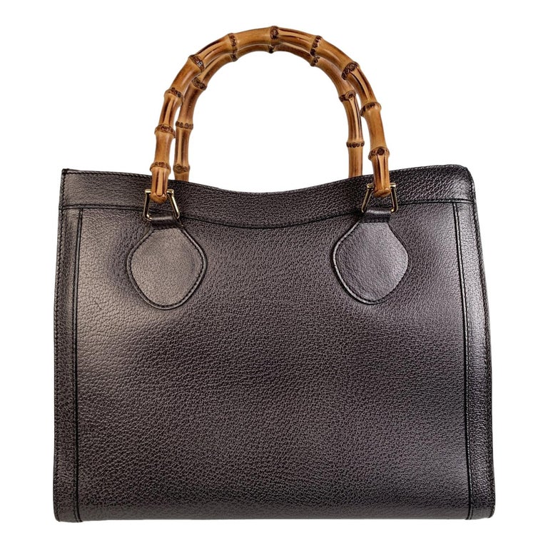 Gucci Vintage Gray Leather Princess Diana Bamboo Tote Bag For Sale at