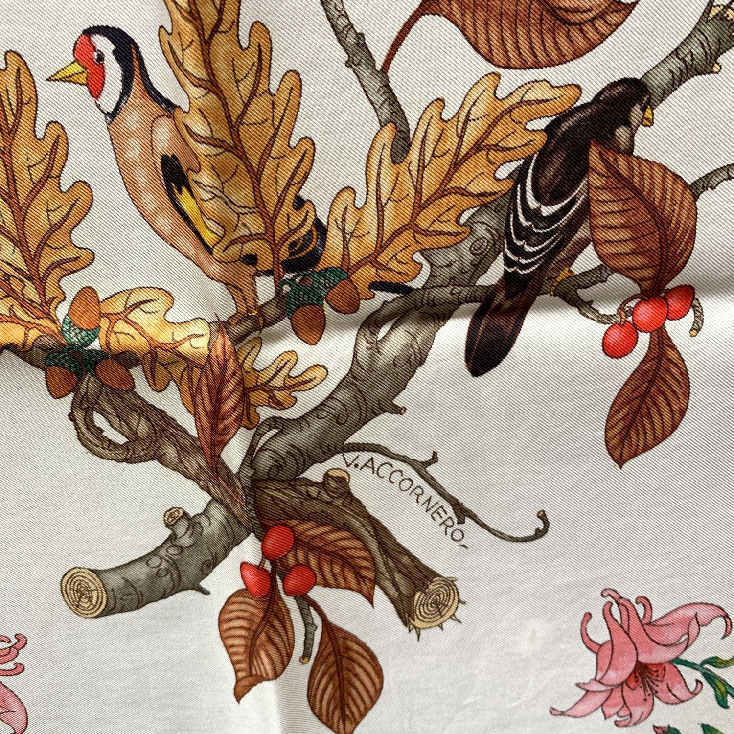 Brown Gucci Vintage Green Accornero Fall Themed Birds Floral Silk Scarf For Sale