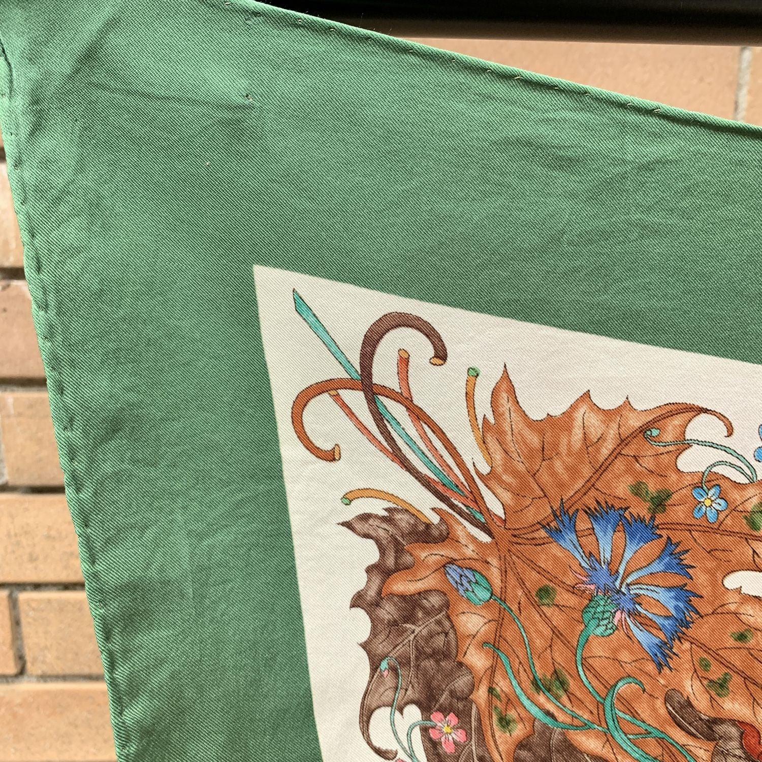 Women's Gucci Vintage Green Accornero Fall Themed Birds Floral Silk Scarf For Sale