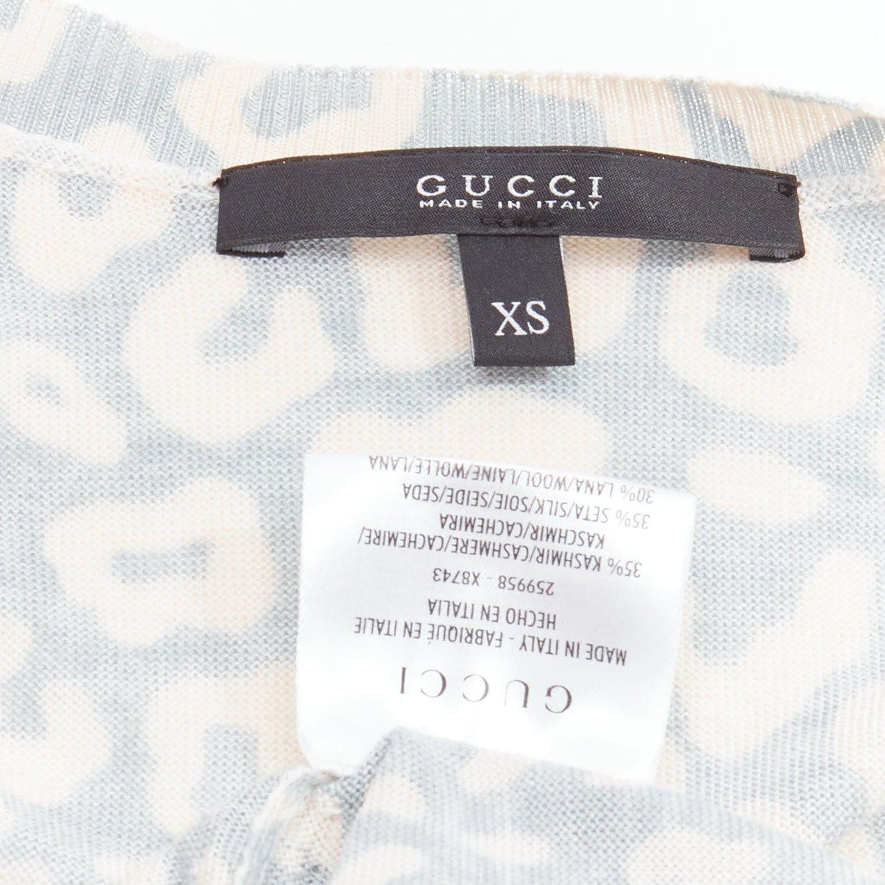 GUCCI Vintage verde azul estampado leopardo cachemira seda lana cardigan IT38 XS en venta 6