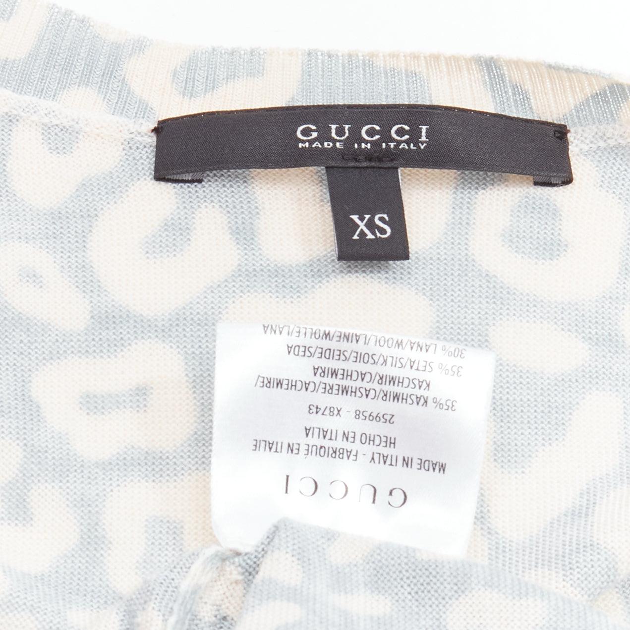 GUCCI Vintage green blue leopard print cashmere silk wool V-neck cardigan For Sale 5