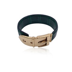 Gucci Vintage Green Leather Belt Bangle Cuff Bracelet Gold Buckle