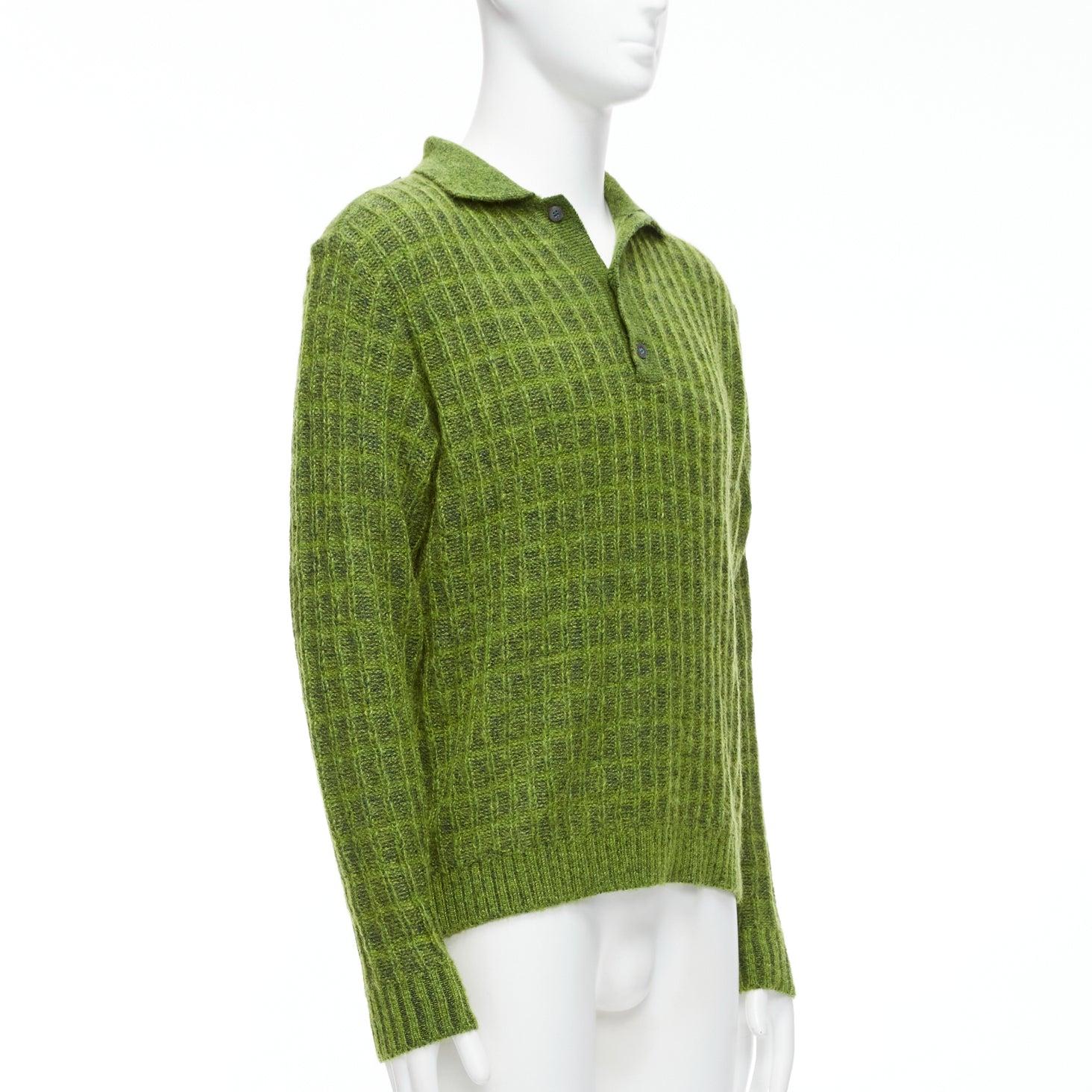 GUCCI Vintage green mohair blend waffle knit buttons polo sweater M
Reference: JSLE/A00116
Brand: Gucci
Material: Mohair, Blend
Color: Green
Pattern: Solid
Closure: Button
Extra Details: Button details at shoulder.
Made in:
