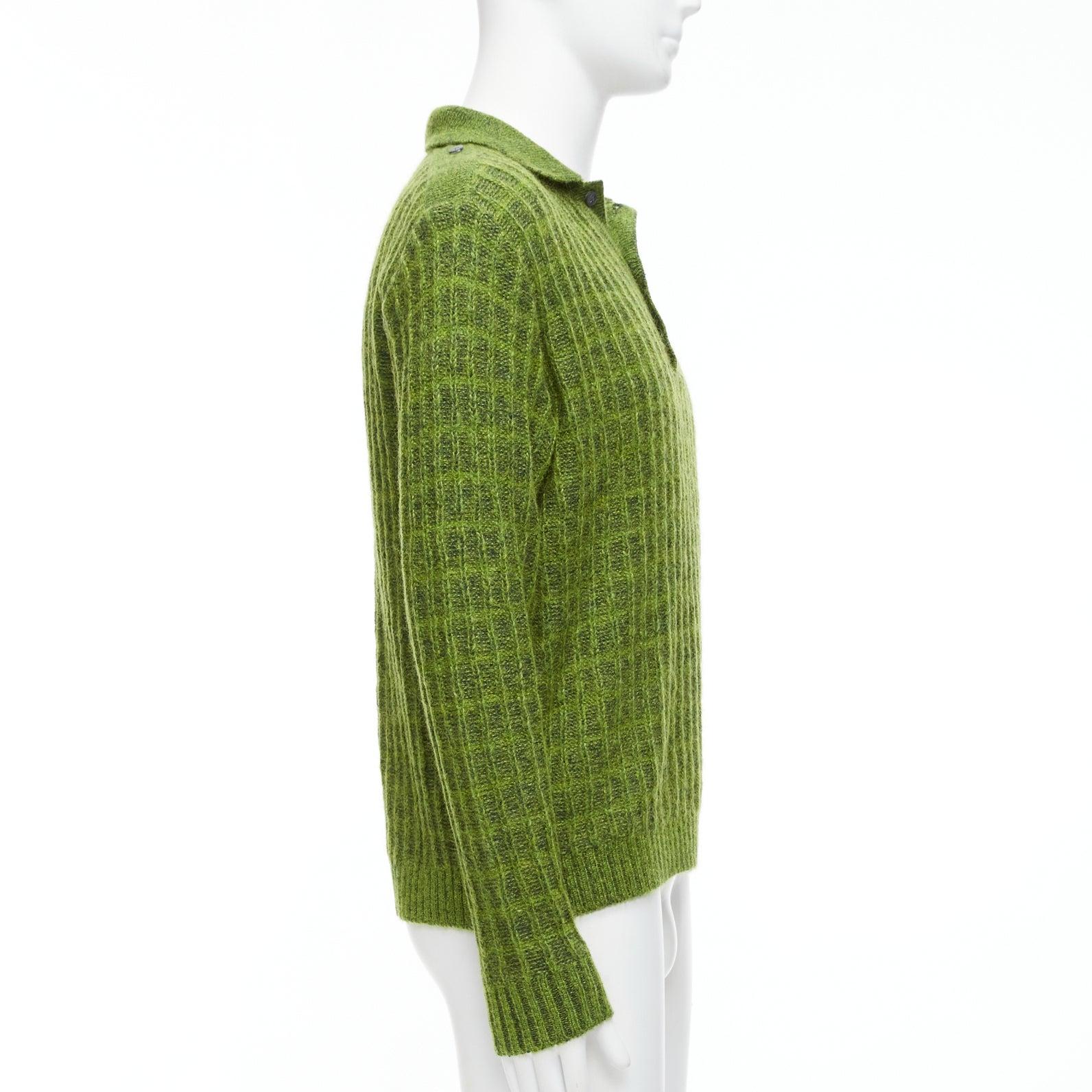 GUCCI Vintage green mohair blend waffle knit buttons polo sweater M In Excellent Condition For Sale In Hong Kong, NT
