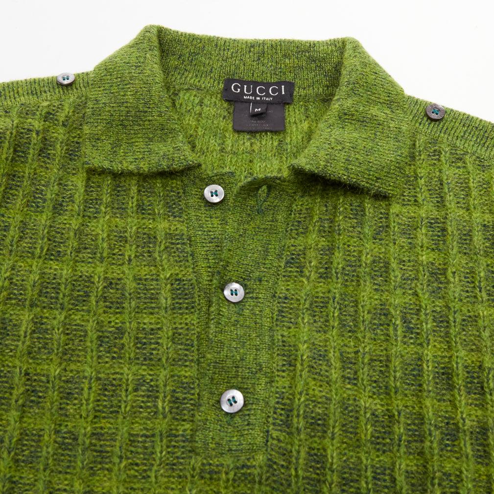 GUCCI Vintage green mohair blend waffle knit buttons polo sweater M For Sale 2