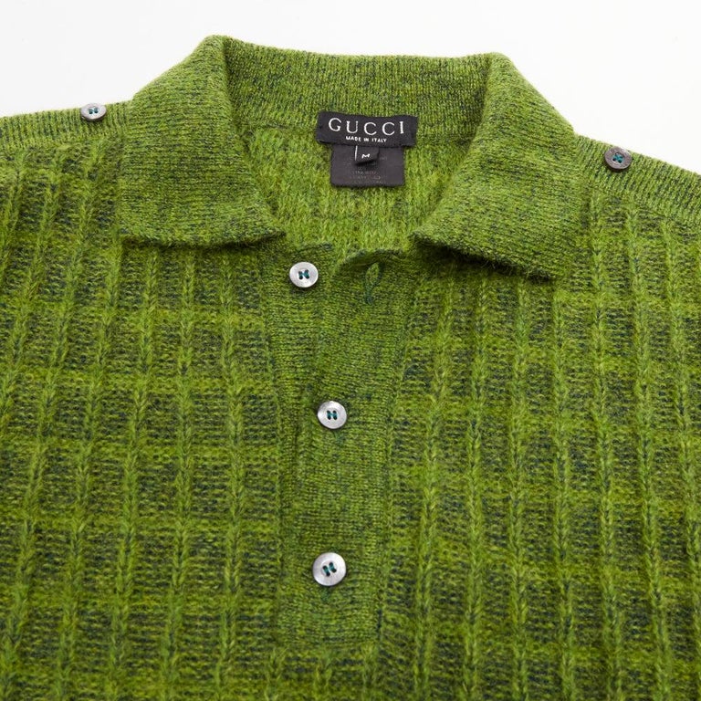 GUCCI Vintage green mohair blend waffle knit buttons polo sweater 