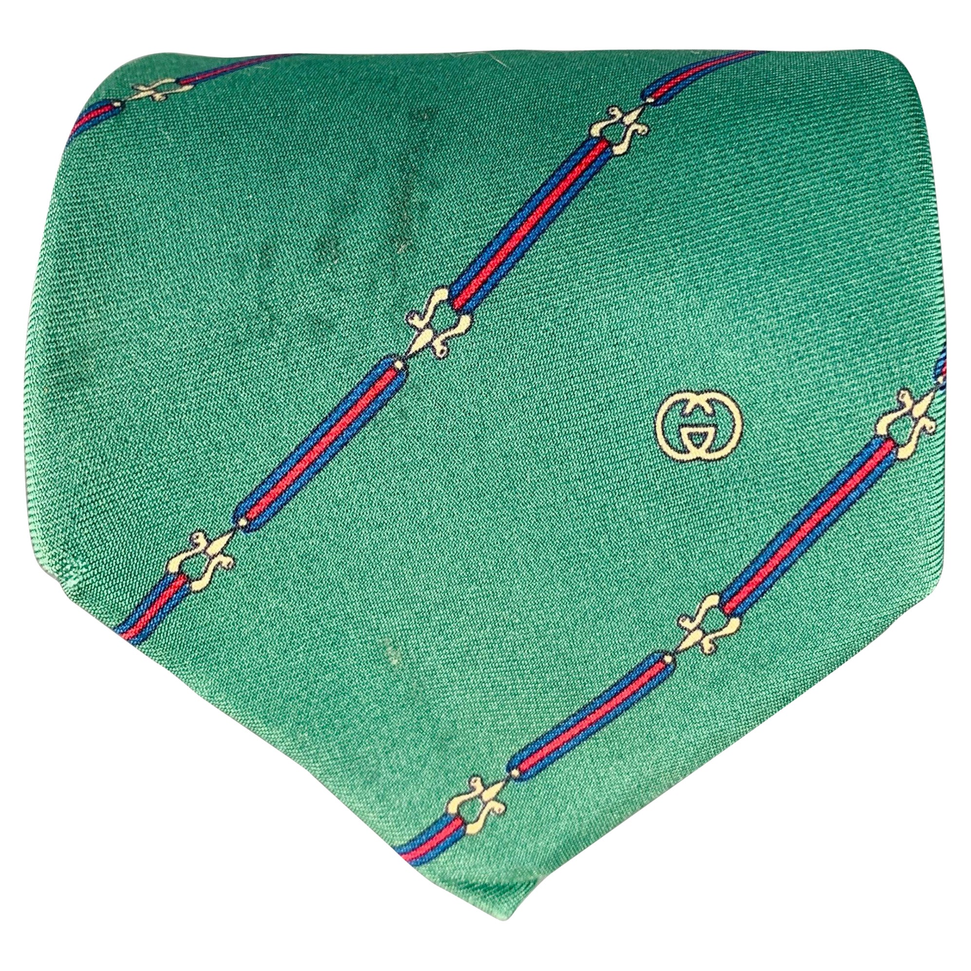 GUCCI Vintage Green Red Horsebit Diagonal Stripe Silk Tie