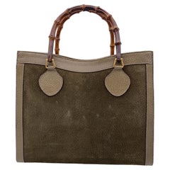 Gucci Retro Green Suede Leather Princess Diana Bamboo Tote Bag