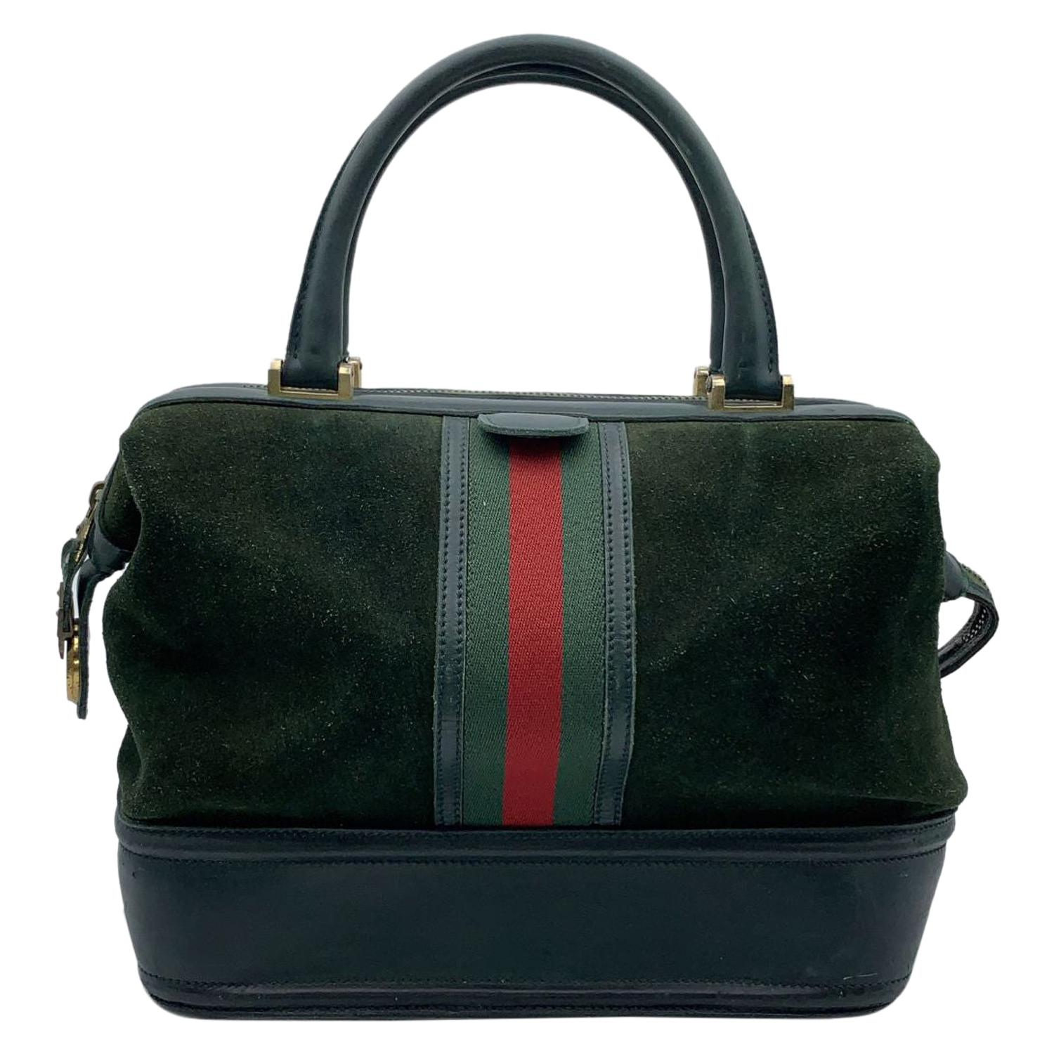 Gucci Vintage Green Suede Leather Travel Bag Train Case with Stripes