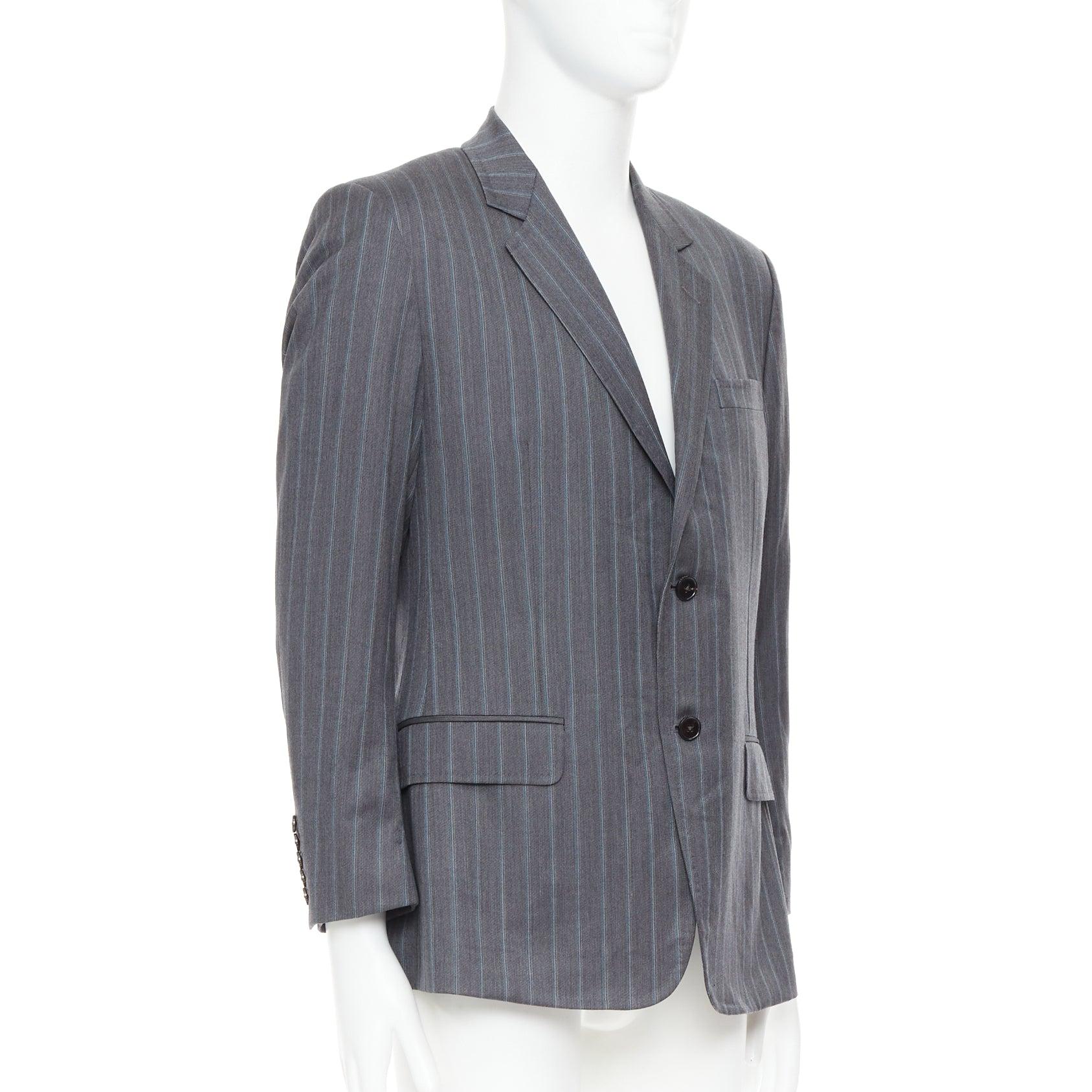 Gray GUCCI Vintage grey blue wool cashmere pinstripe blazer IT52 XL For Sale