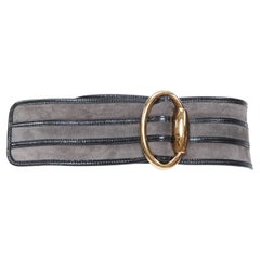 GUCCI Vintage grey suede leather trim oval gold buckle wide waist corset belt