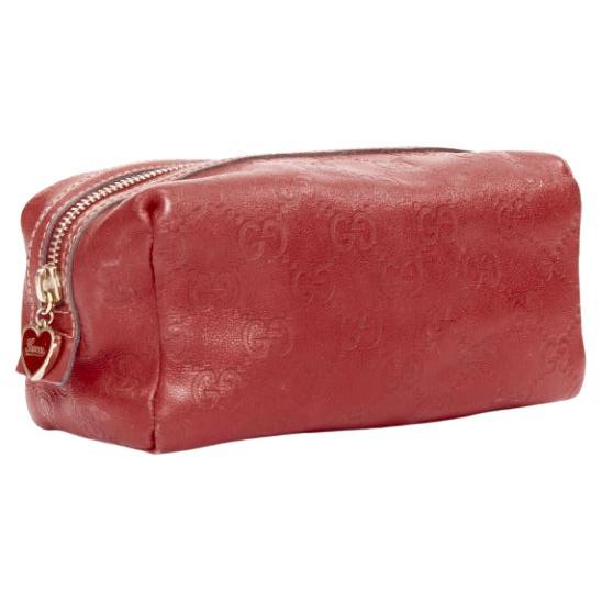 GUCCI Vintage Guccissima red leather GG emboss gold heart zip pouch make up bag