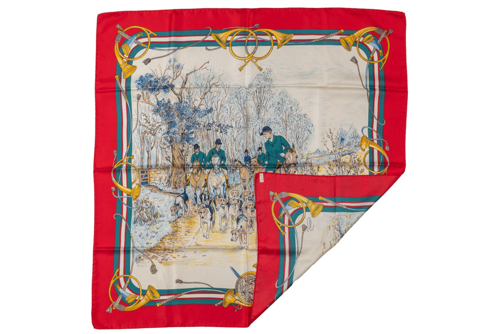Gucci vintage hunting scene silk scarf. Red trim and celeste details. Hand rolled edges.
No box.
