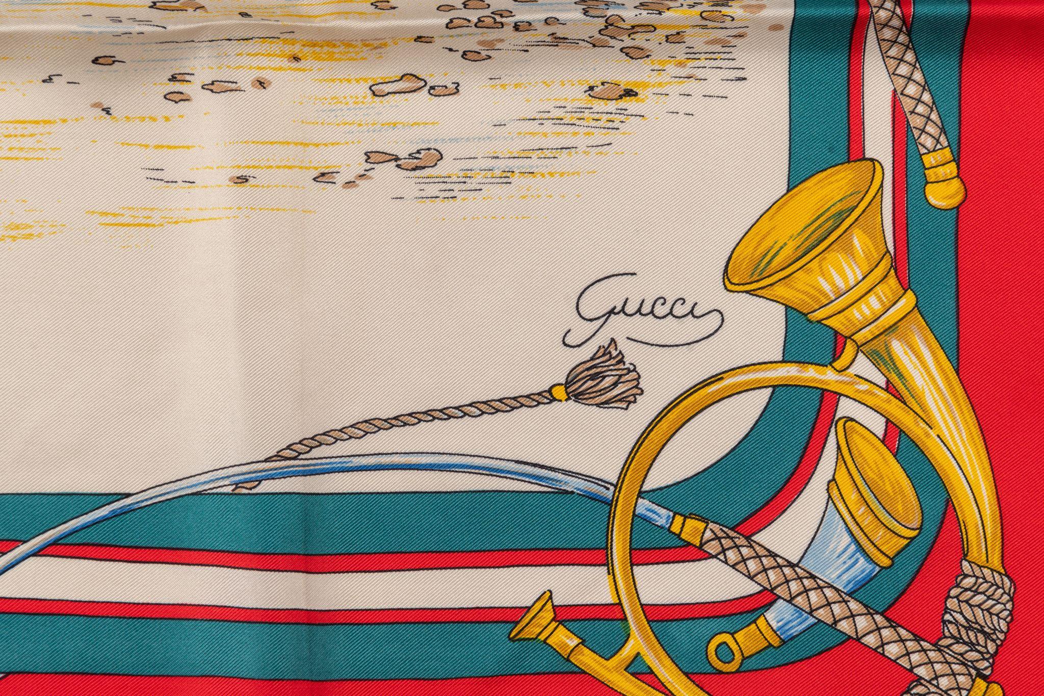 Gucci Vintage Hunting Scene Silk Scarf In Excellent Condition In West Hollywood, CA
