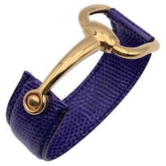 Gucci Vintage Indigo Leather Bangle Cuff Belt Bracelet Gold Horsebit