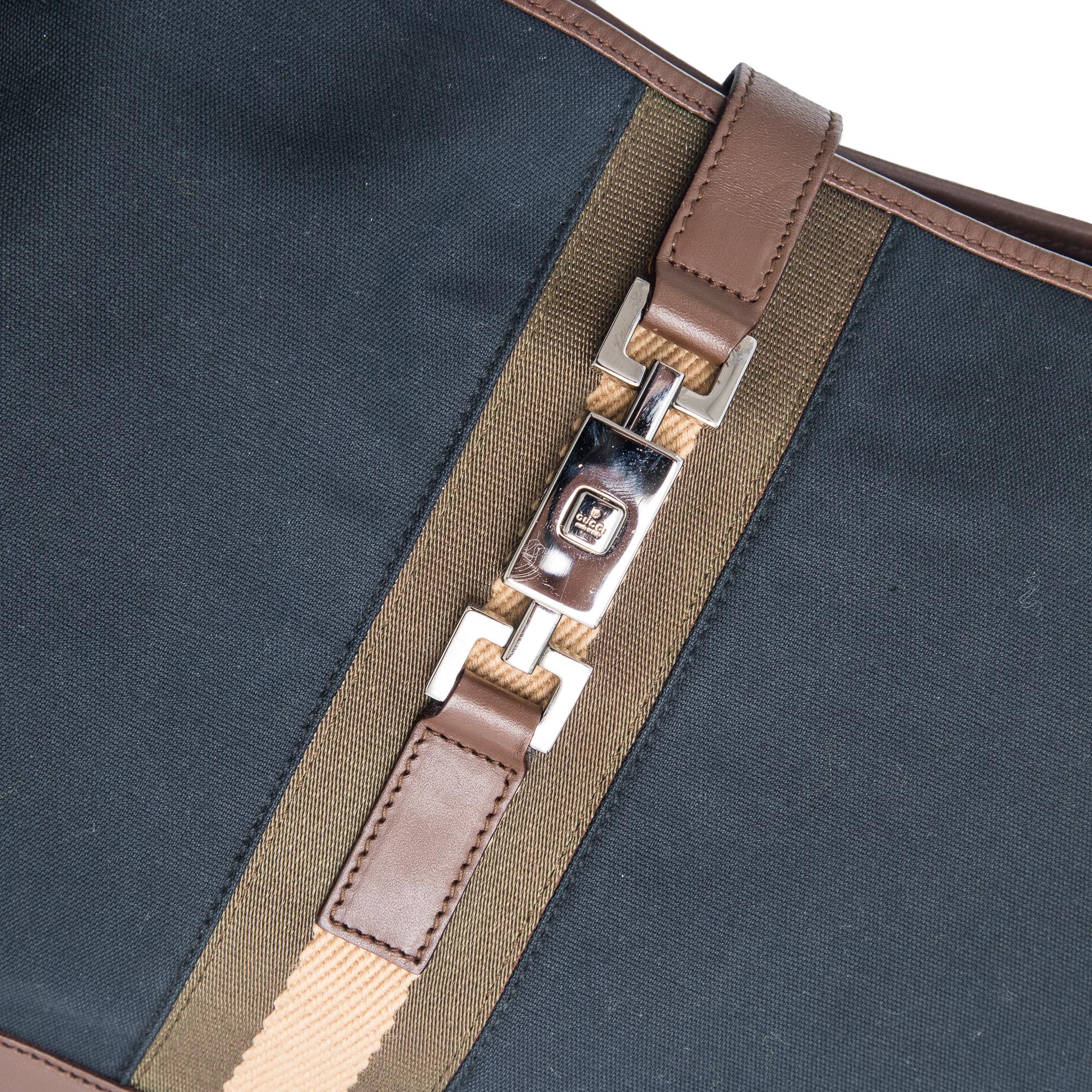 Black Gucci Vintage Jackie Navy Canvas Brown Leather Shoulder Bag For Sale