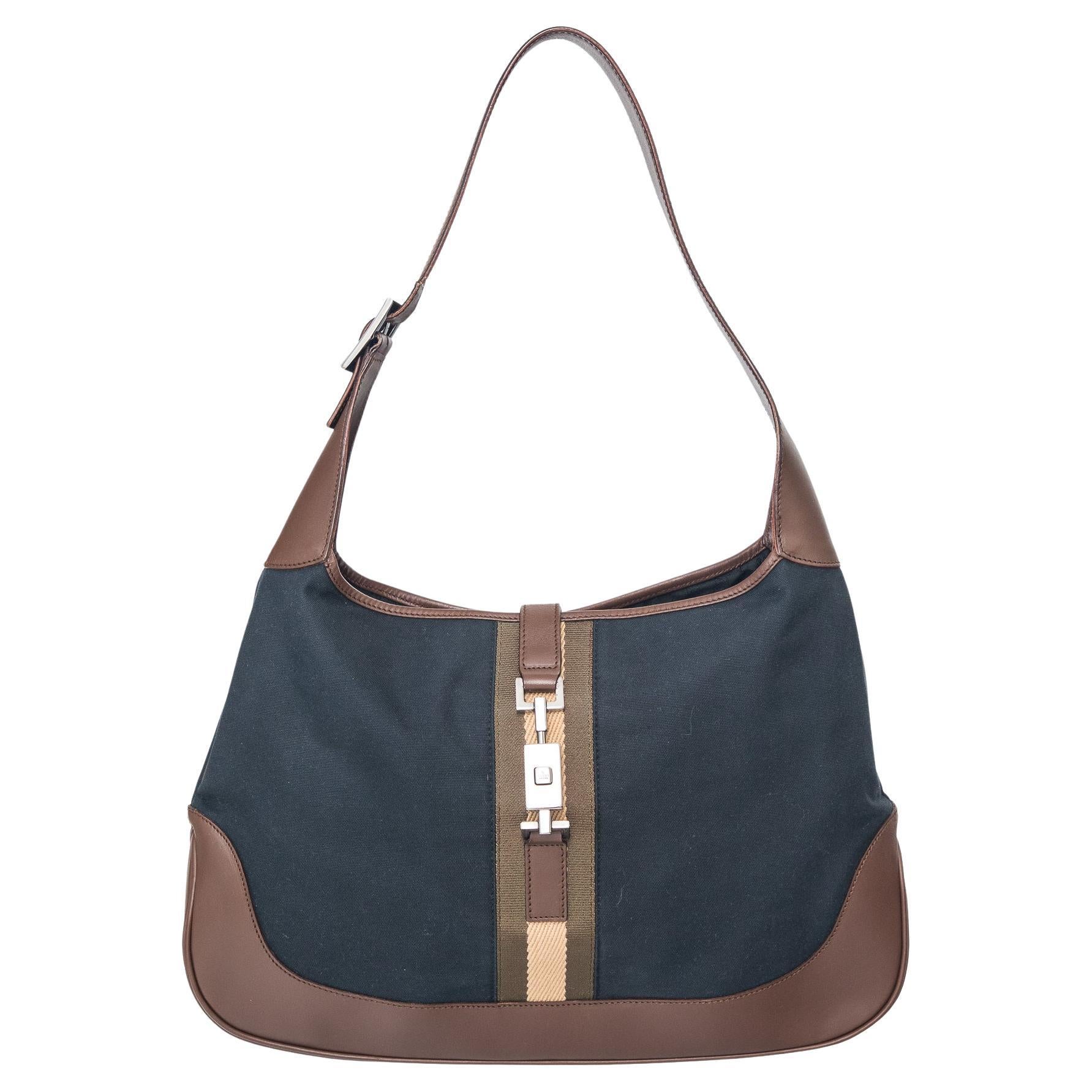 Gucci Vintage Jackie Navy Canvas Brown Leather Shoulder Bag For Sale