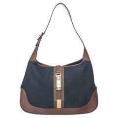 Gucci Vintage Jackie Navy Canvas Brown Leather Shoulder Bag