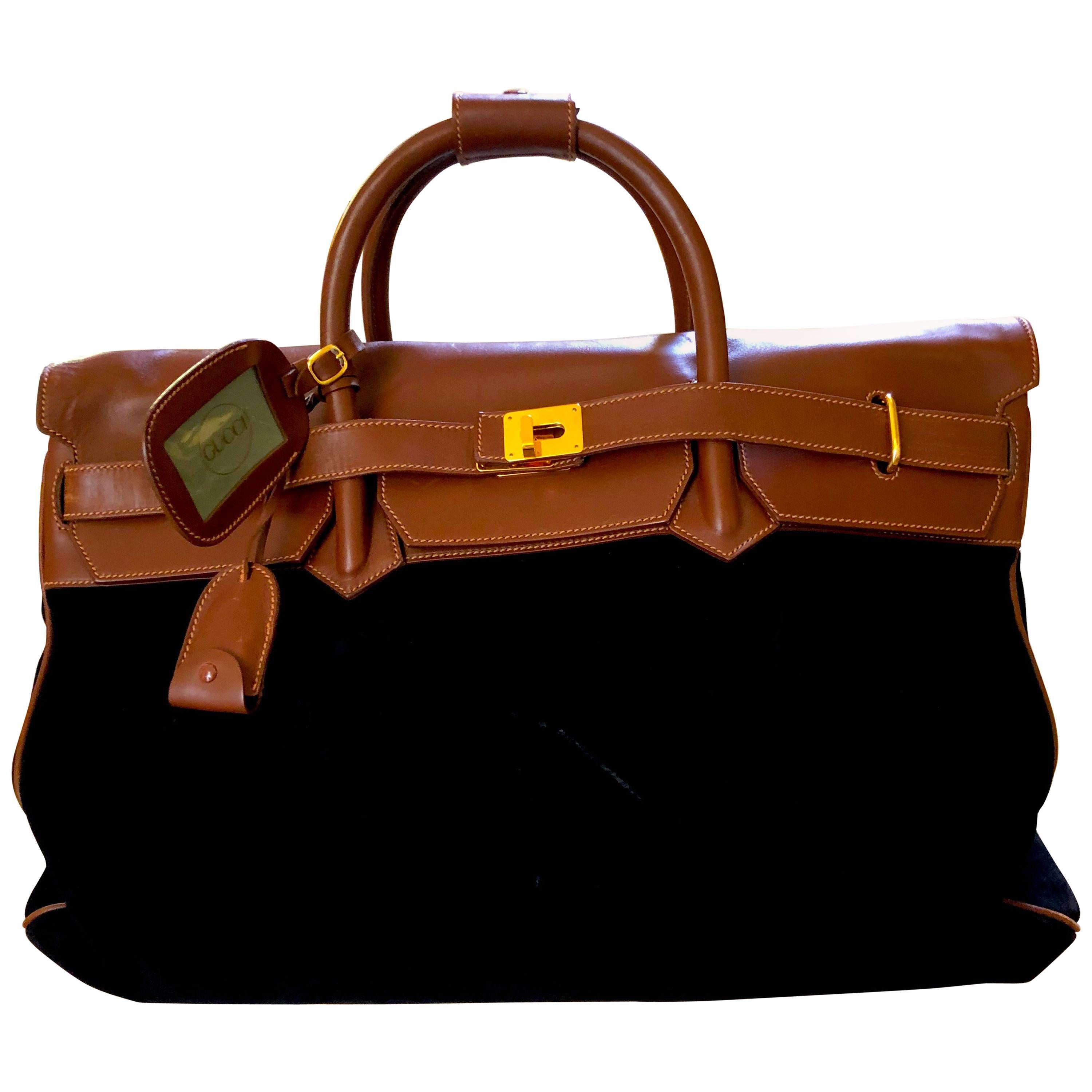 Gucci Vintage Large Men's Leather Trimmed Black Suede Travel Bag For Sale