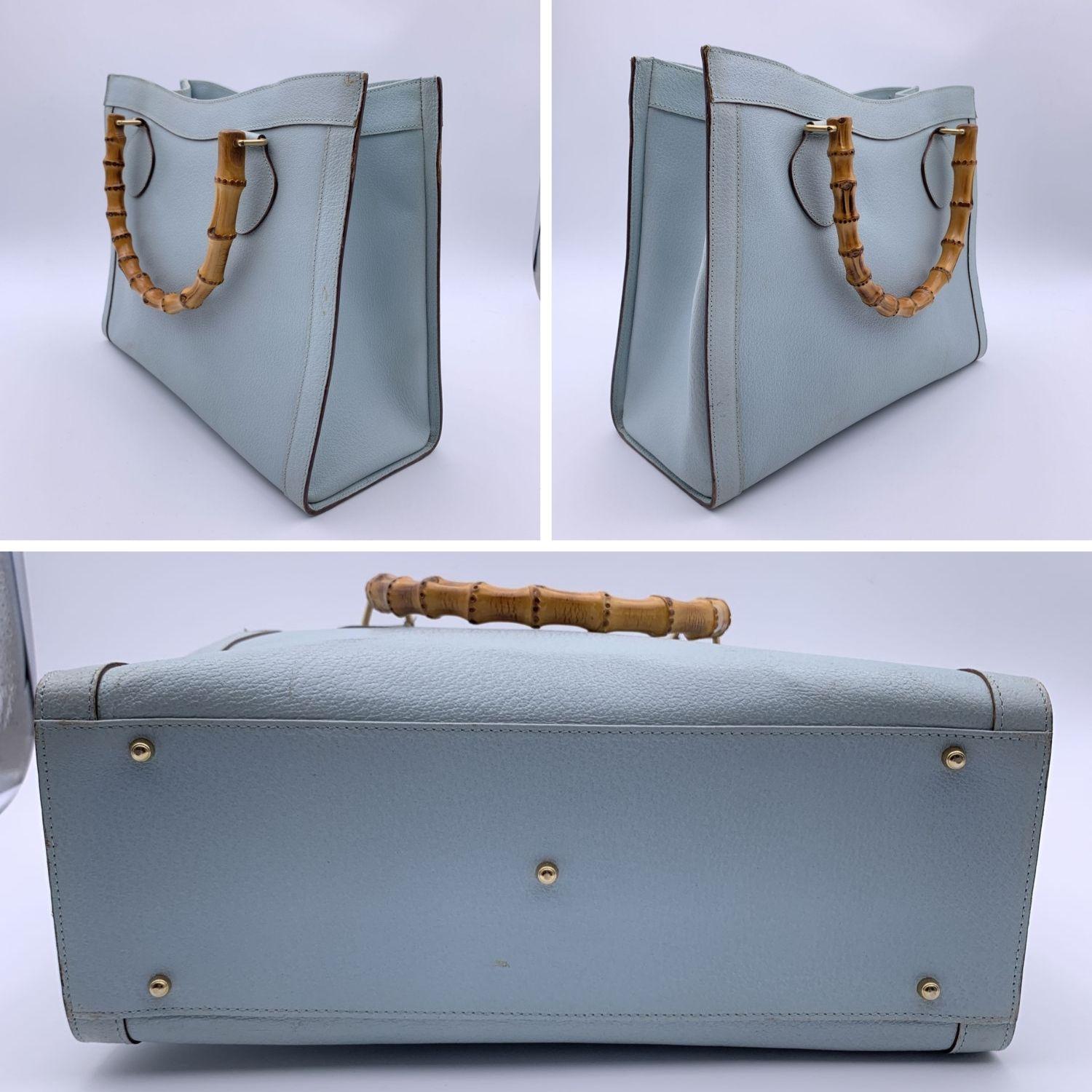 Gray Gucci Vintage Light Blue Leather Princess Diana Bamboo Tote Bag