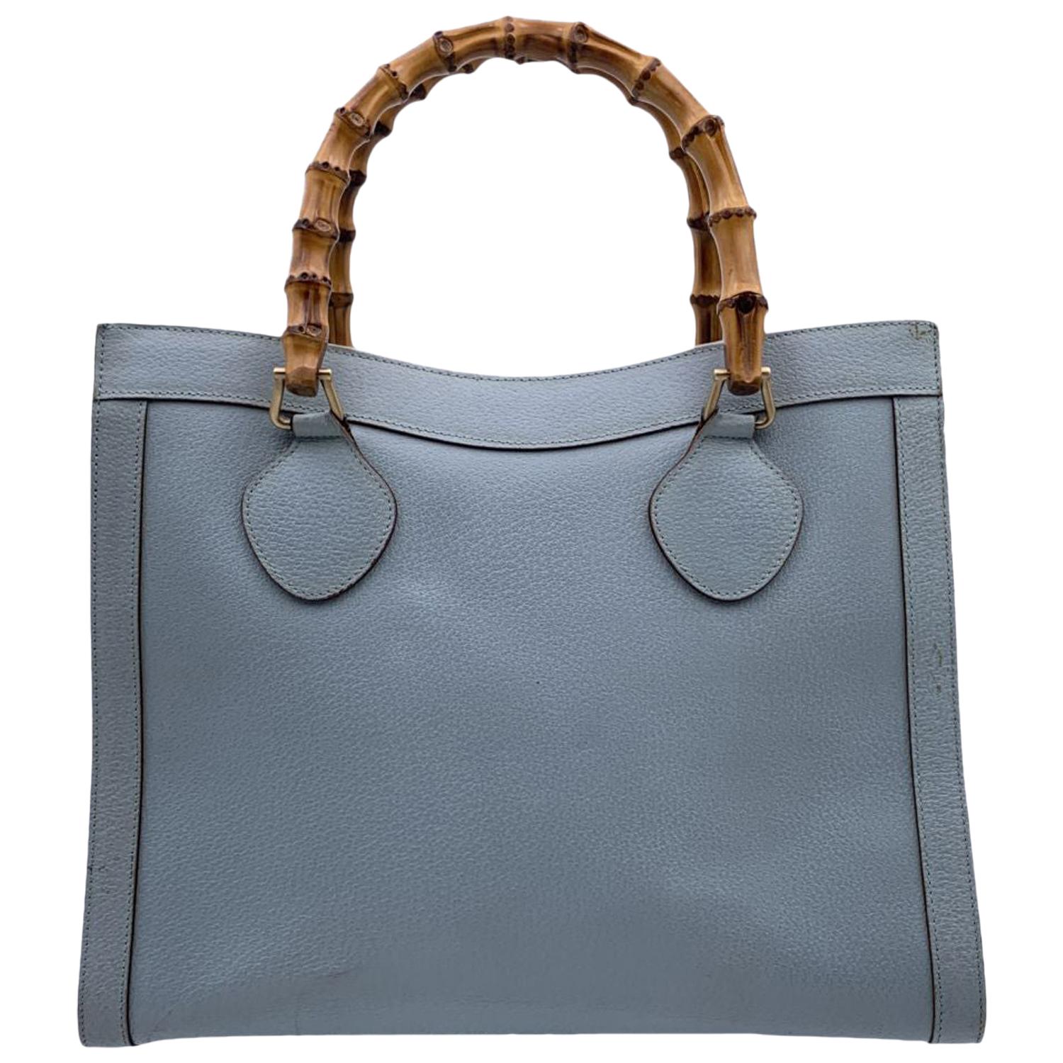 Gucci Vintage Light Blue Leather Princess Diana Bamboo Tote Bag