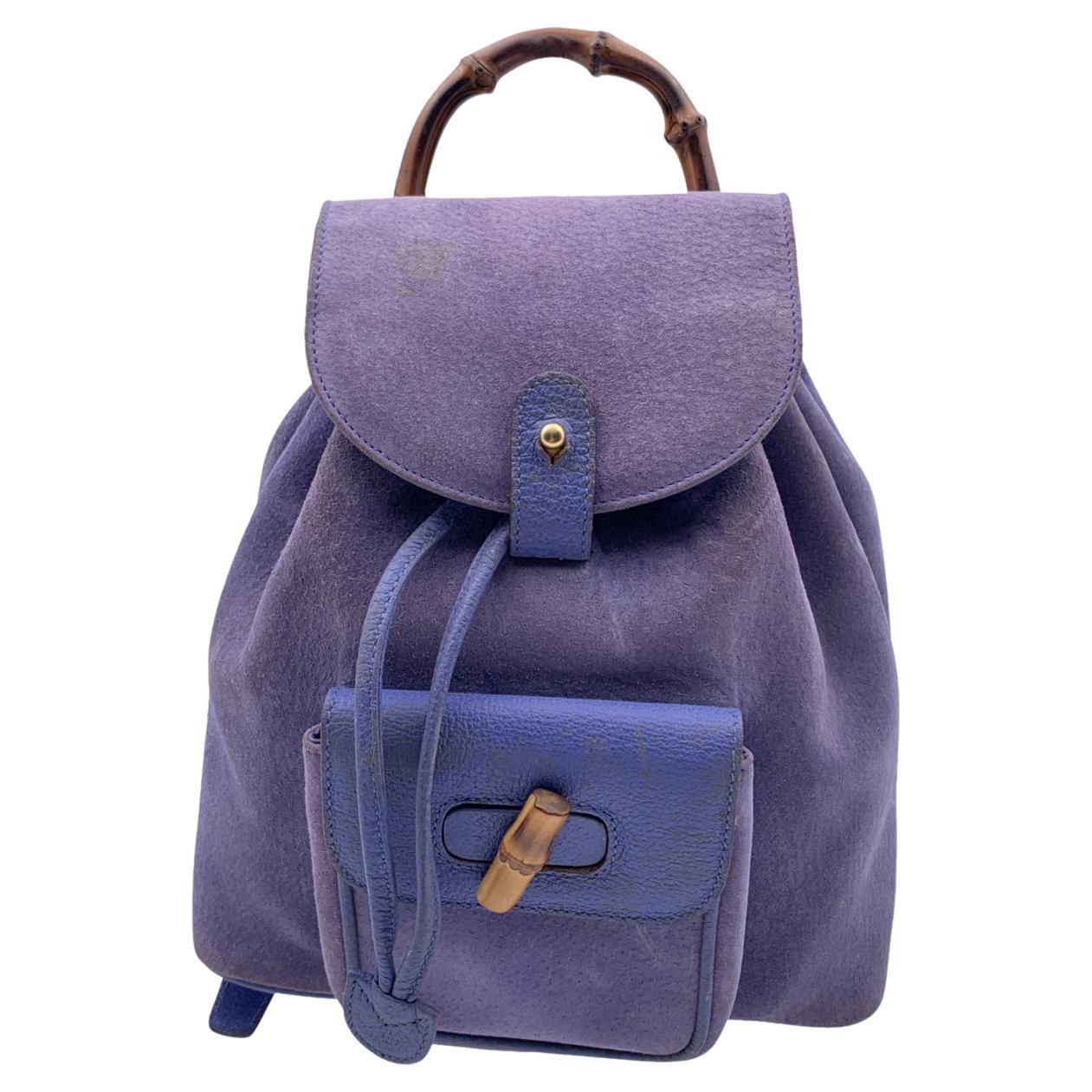 Gucci Vintage Light Blue Suede Bamboo Small Backpack Shoulder Bag