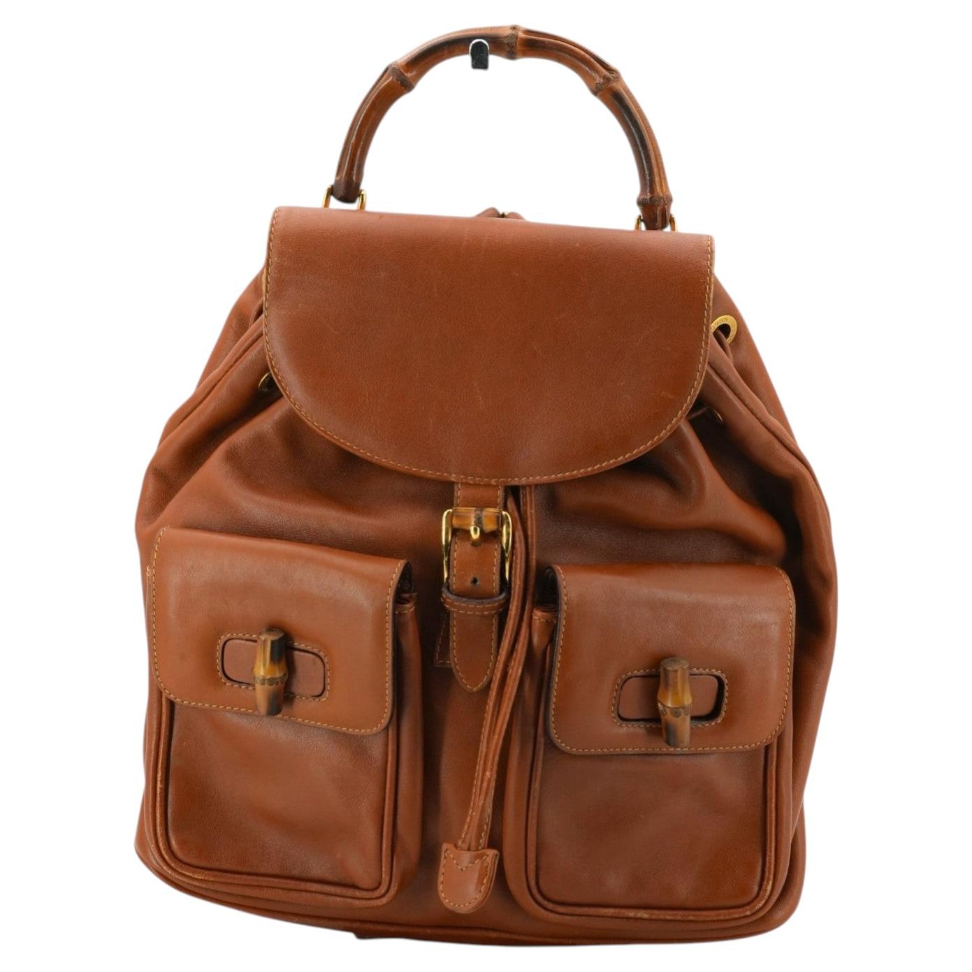Gucci Vintage Light Brown Leather Bamboo Backpack Shoulder Bag