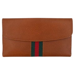 Gucci Vintage Light Brown Leather Web Long Wallet Coin Purse