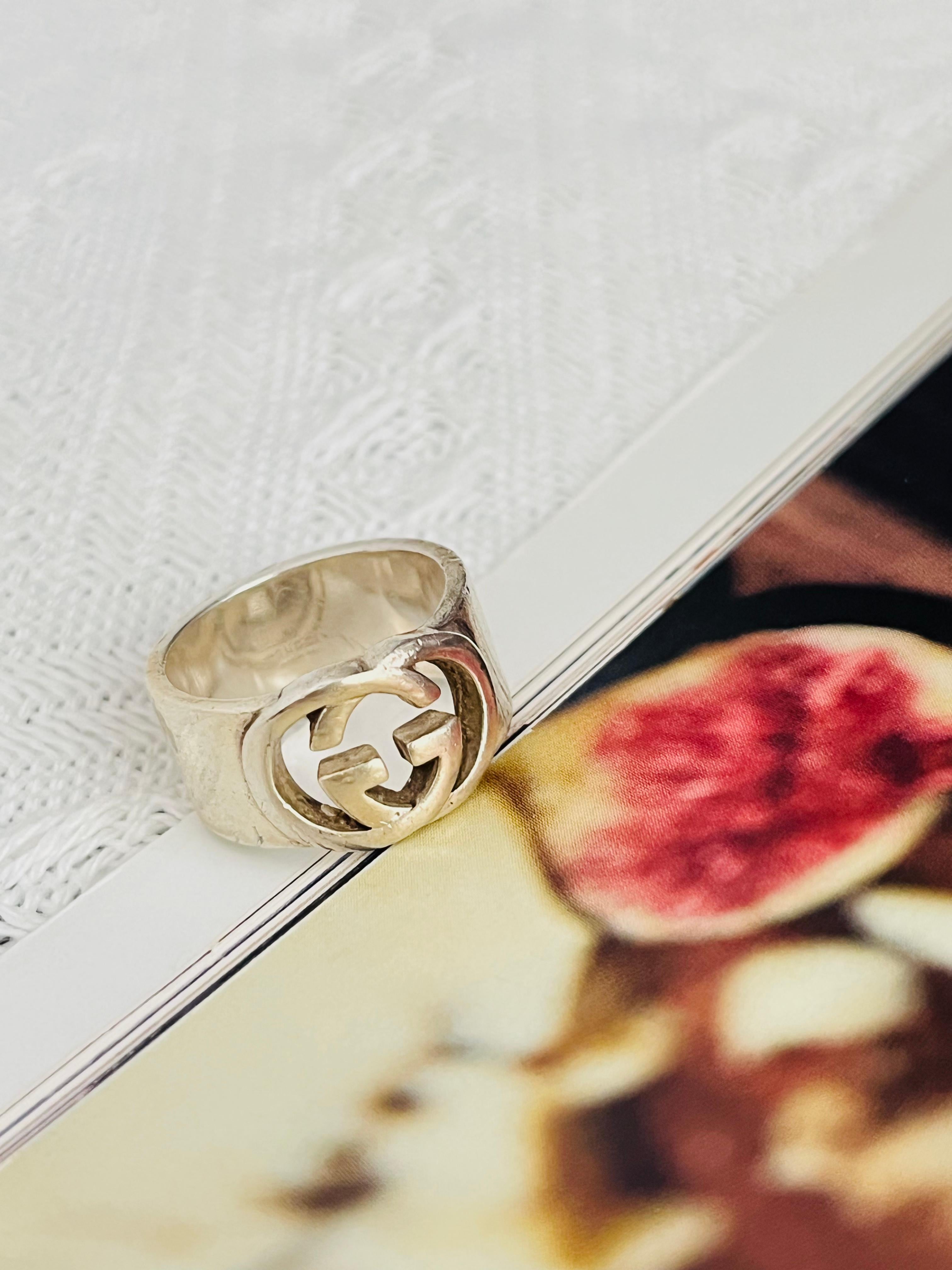 Art déco Gucci Vintage Logo GG Interlocked Chunky Cocktail Ring en argent sterling US 7 1/4 en vente